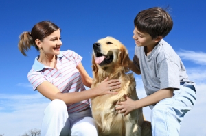 A woman and two boys petting a dog.